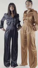 Silky Satin Button Down Wide Leg Jumpsuit