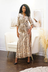 Silky Satin Snake Print Button Down Dress